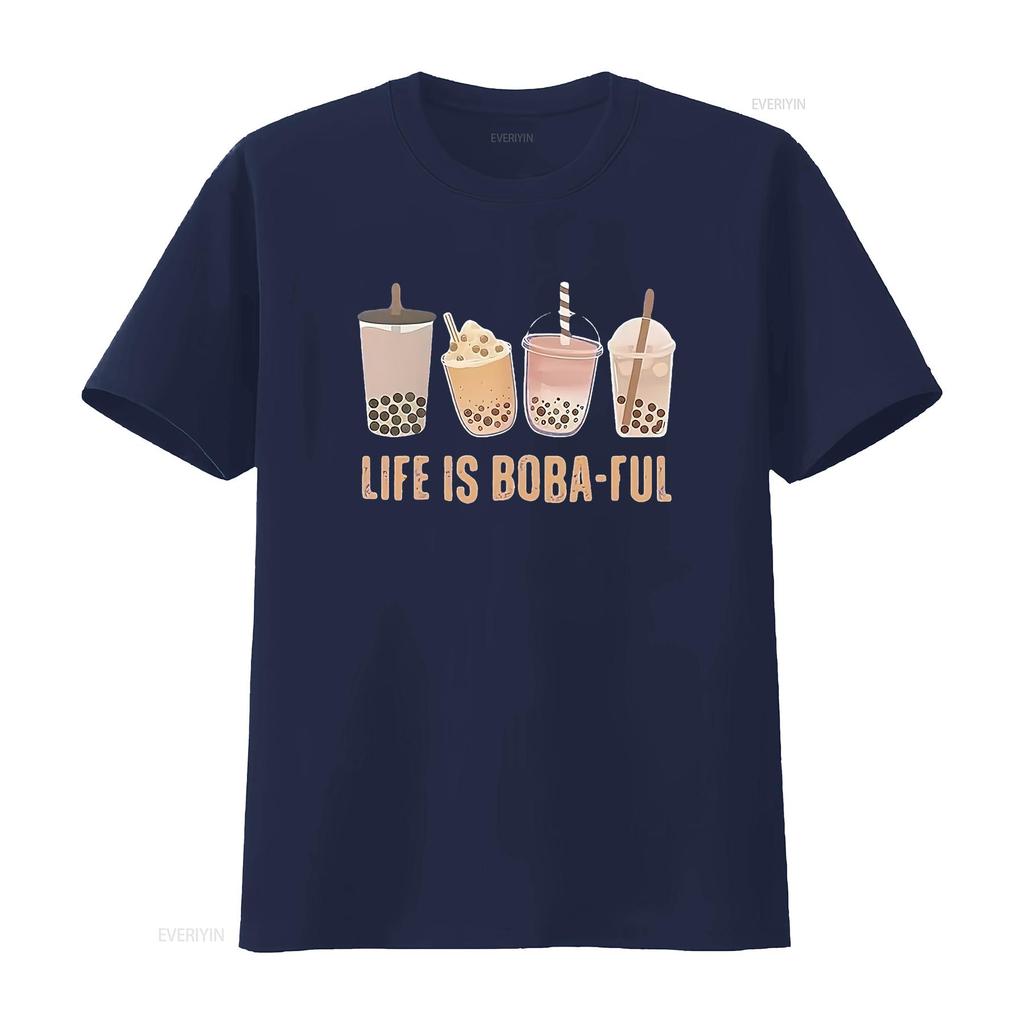 Life Is Boba Ful T Shirt For Women Cute Pearl Milk Tea Pattern Casual Funny Tops Lover GifT vintage Washed Versatile
