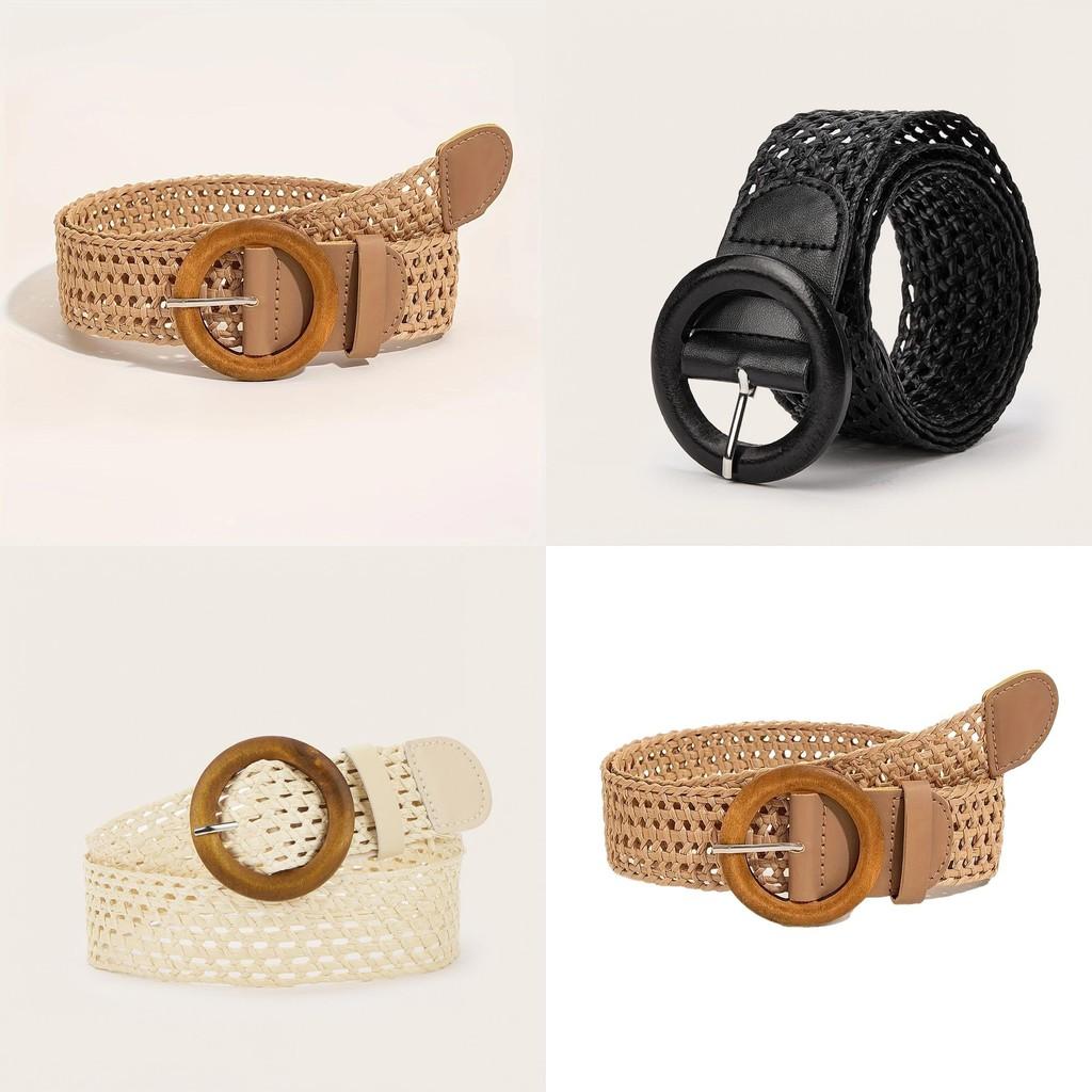 Cotton Woven Bohemian Linen Belt With Round Buckle For Women Dress Accessories