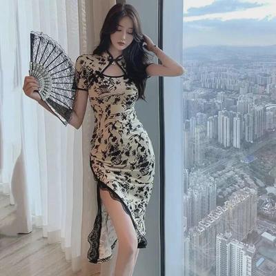 Women's Summer Cheongsam: French-Inspired Lace Dress with Retro Print