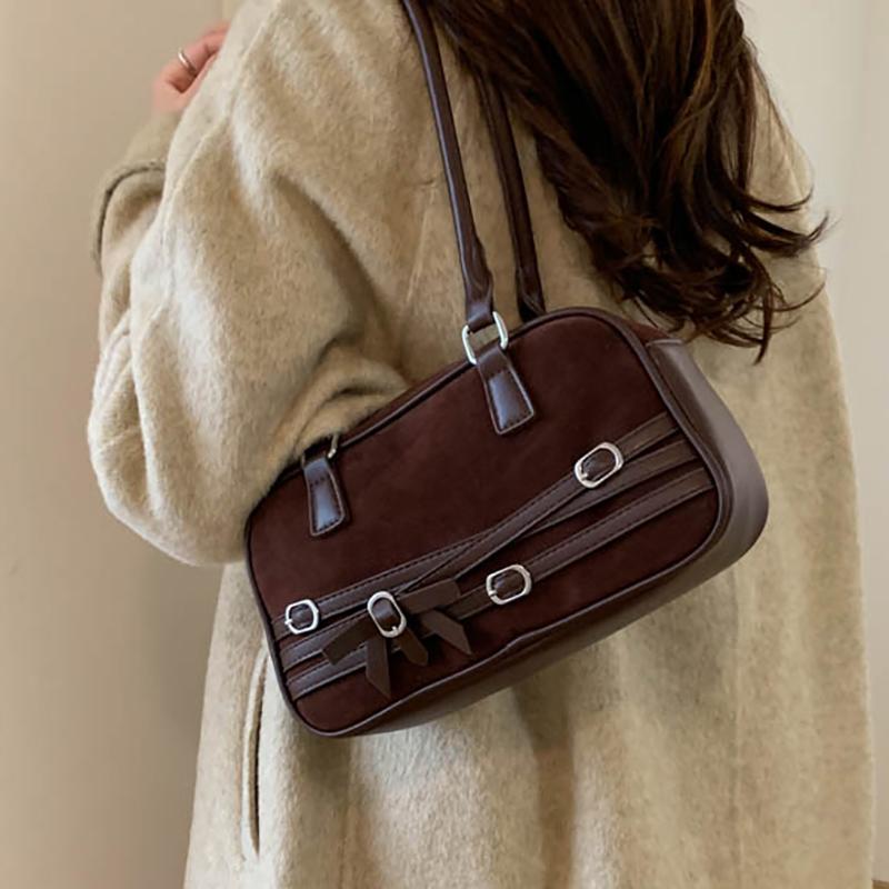 2025 Autumn/Winter New Style Korean Versatile Bowling Underarm Bag Suede Retro Shoulder Bag Square Handbag Korean Style Simple