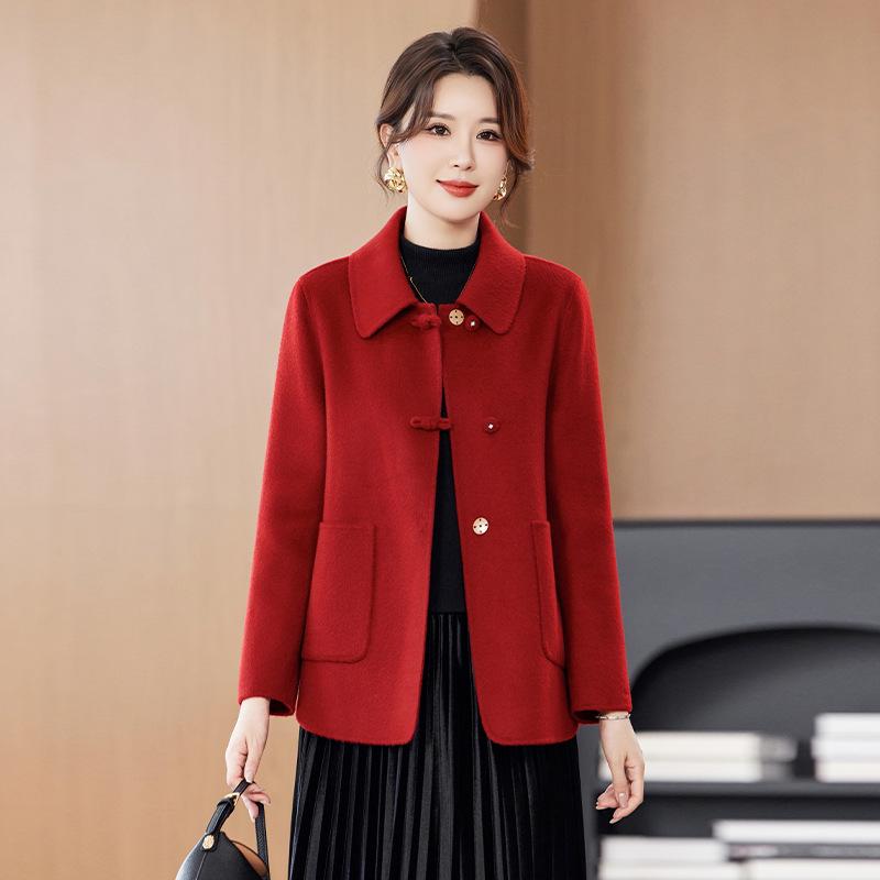 

Женское короткое двустороннее шерстяное пальто 2025 года в китайском стиле на осень/зиму с застежкой-лягушкой XXXL красный