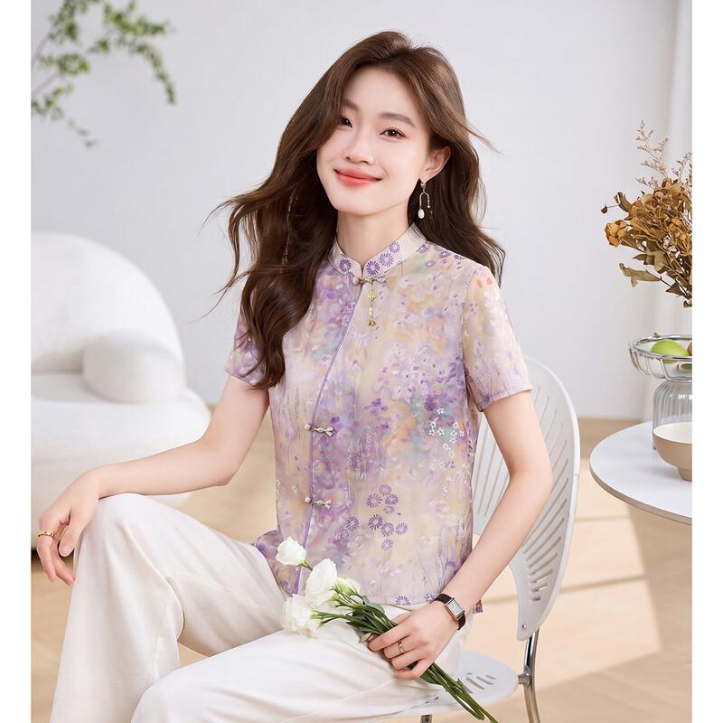 ORIGIN Women s Chinese Style Stand Collar Printed Short Sleeve Shirt XL