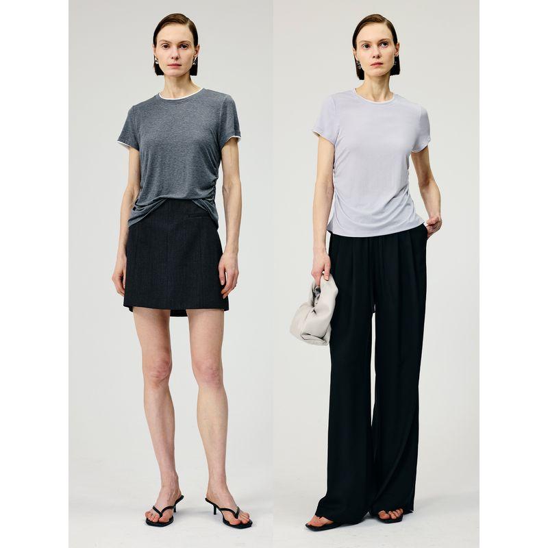 Yaling [Series] Huaiqi/Fake Two-Piece Contrast Color Round Neck Knit T-shirt Women Summer Pleated Design Short Sleeve Top
