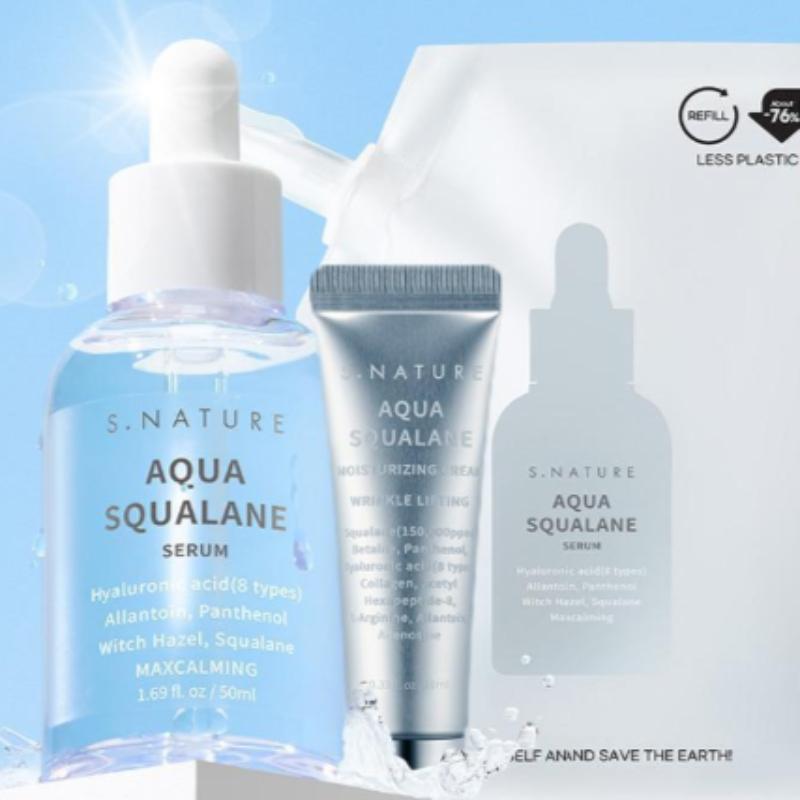 S.NATURE Aqua Squalane Serum 50ml Set – Deep Hydration Serum with Squalane (+ 50ml Refill + Moisturizing Cream 10ml)