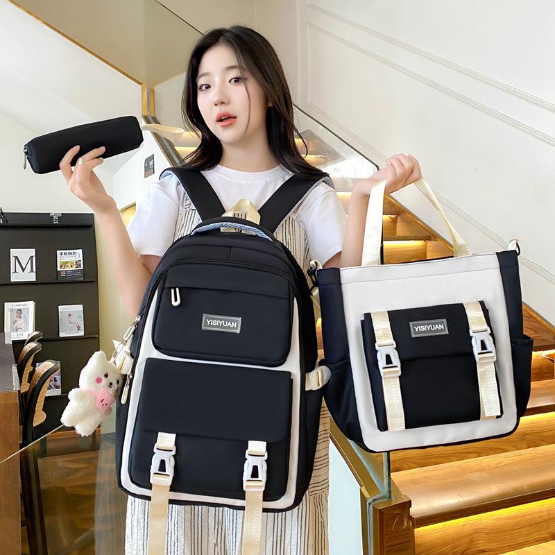 School bag large capacity lightweight junior high school student school bag women's new high value three-piece set backpack contrasting color