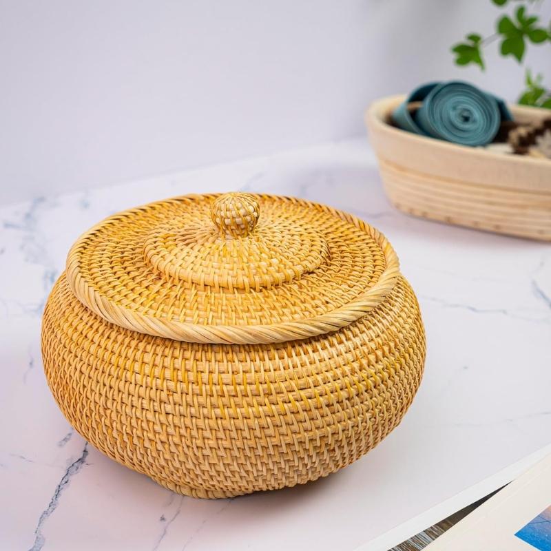 Handwoven Round Rattan Storage Basket With Ventilated Lid For Home Organization Natural Vietnamese