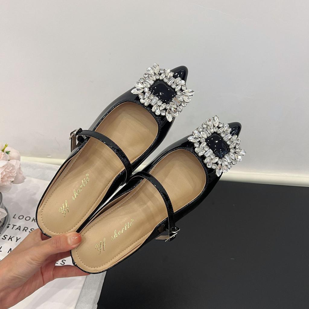 Height increase 5cm rhinestone square buckle pointed cold slippers women's 2025 summer new French word with flat bottom half slippers