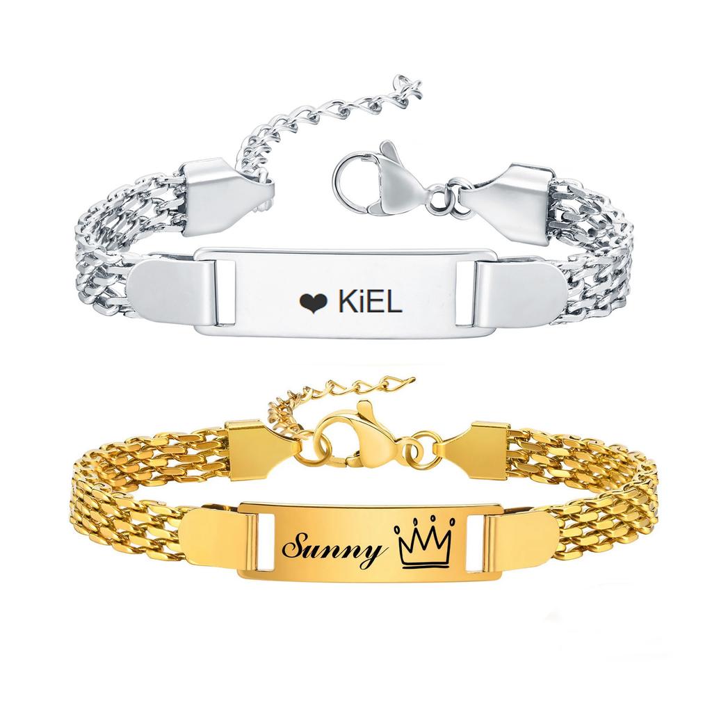 Personalized Bracelet for Girl Boy, Stainless Steel Engraved Name Date for Son Daughter from Mom Baptism Gift
