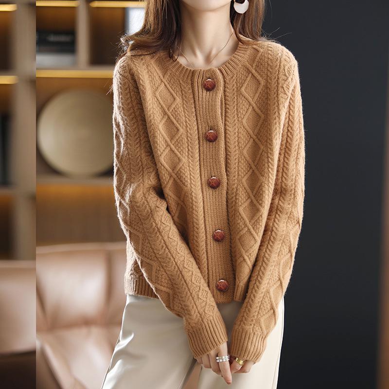 Women's Pure Wool Diamond Cable Knit Round Neck Cardigan – Korean Style Sweater Coat