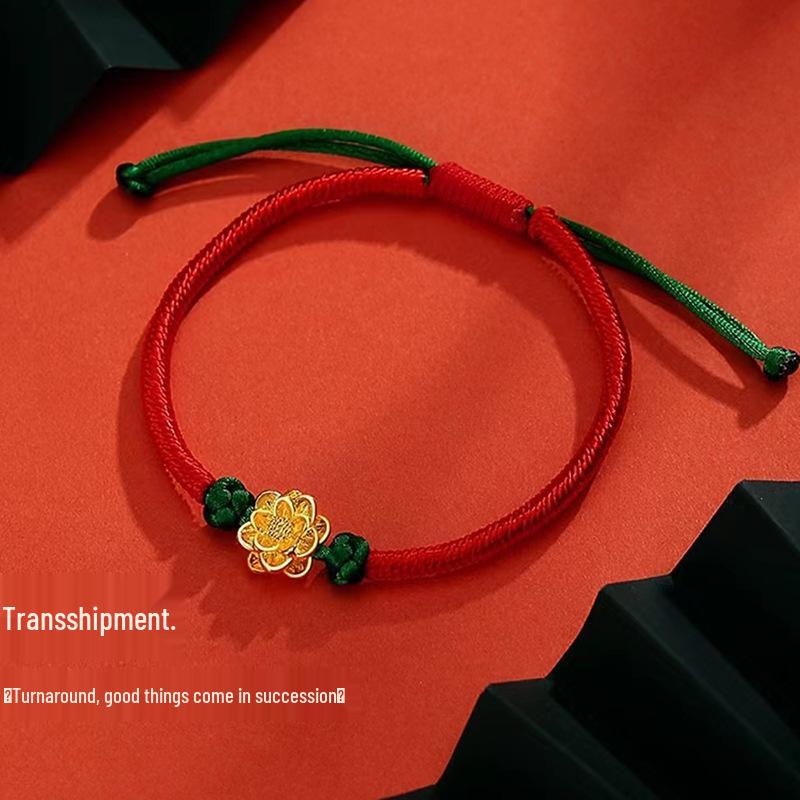 Ручной работы Вьетнамский браслет из золотых семян лотоса на красной нити - Этнический стиль, символизирующий удачу для девушки.