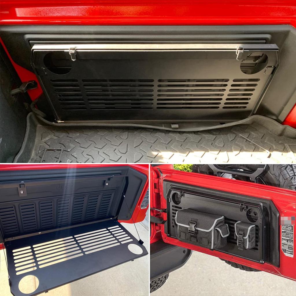 Heckklappentisch für Jeep Wrangler JL Gladiator JT (ab Baujahr 2018) – 2-/4-Türer, klappbar, mit Gepäckablage und Gepäckhalter