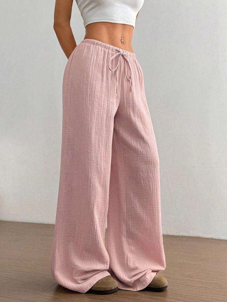 Women Solid Textured Wide Leg Pants Elastic Drawstring High Waist Casual Long Trousers Summer Loose Palazzo Pants