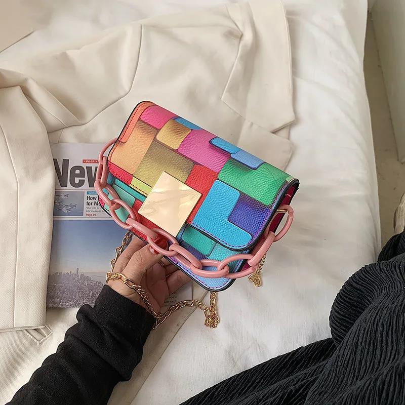 Women's Vintage Portable HandBag Versatile Single Shoulder Slant Across Bag Female Contrast Color Small Square Chain Bag