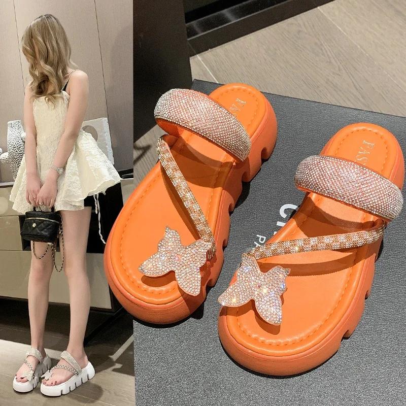 Fashion Women's Flat Slippers Toe Clip Bow Tie Rhinestones Anti-slip Slippers Shoes Leisure Beach Summer Fashion New Sandalias De Mujer