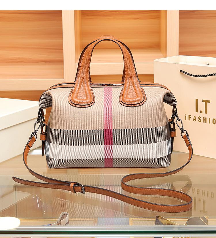 New Retro Plaid Patchwork Boston Pillow Handbag Bag  Women Large Capacity Canvas with Microfiber Leather Ladies Tote Bag 29 cm L29xW10xH23cm коричневый