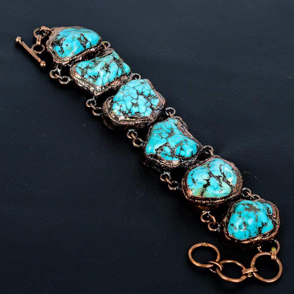Turquoise Tumble Gemstone Copper Electroformed Jewelry, Handmade Jewelry Adjustable Chain Bracelet Gift For Love