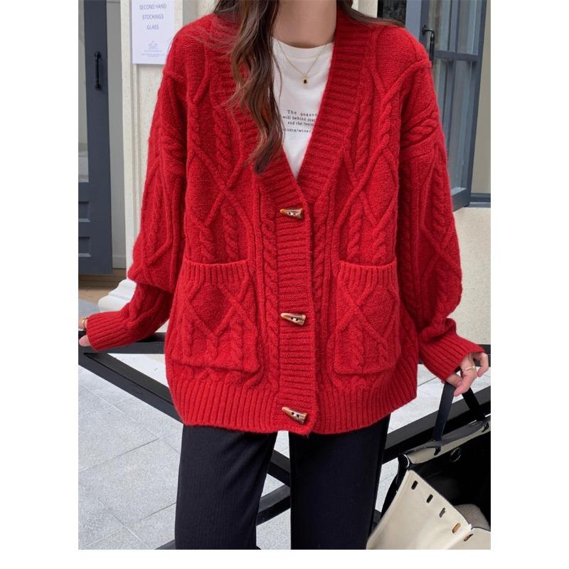 

Ретро свитер-жакет на пуговицах-рожках для женской осени и зимы, новый свободный и ленивый стиль, универсальный повседневный кардиган крупной вязки для женщин One size красный