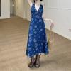French blue floral suspender vest dress children's summer new seaside vacation style beautiful long dress thin