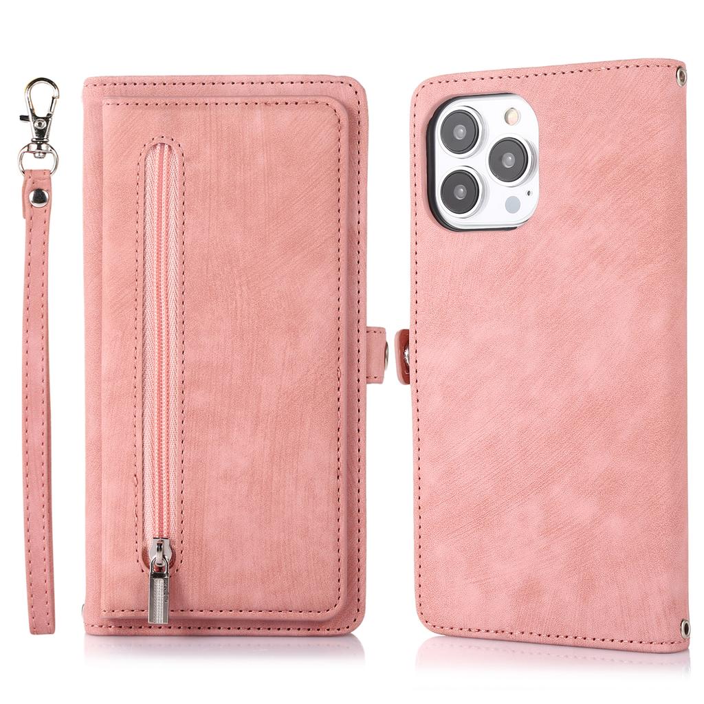 For iPhone 16 Pro Case Zipper Pocket 9 Card Slots PU Leather Phone Cover with Wrist Strap