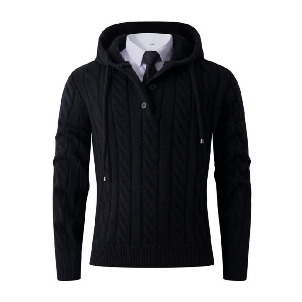 Men's Solid-color Casual Long-sleeved Hooded Pullover, Men's Button Collar Embossed Texture Warm Knitted Sweater