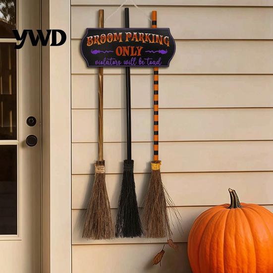 Creative Witch Broom Silhouette Halloween Parking Sign with 3 Pcs Wooden Witches Brooms, Hocus Pocus Seasonal Home Wall Ornament Themed Hanging