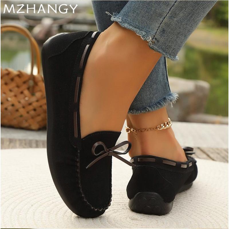 Модные женские замшевые туфли на плоской подошве с бантом — фото 6