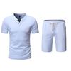 Mens Solid Color Linen Short Sleeve Shorts Casual Two Piece Set