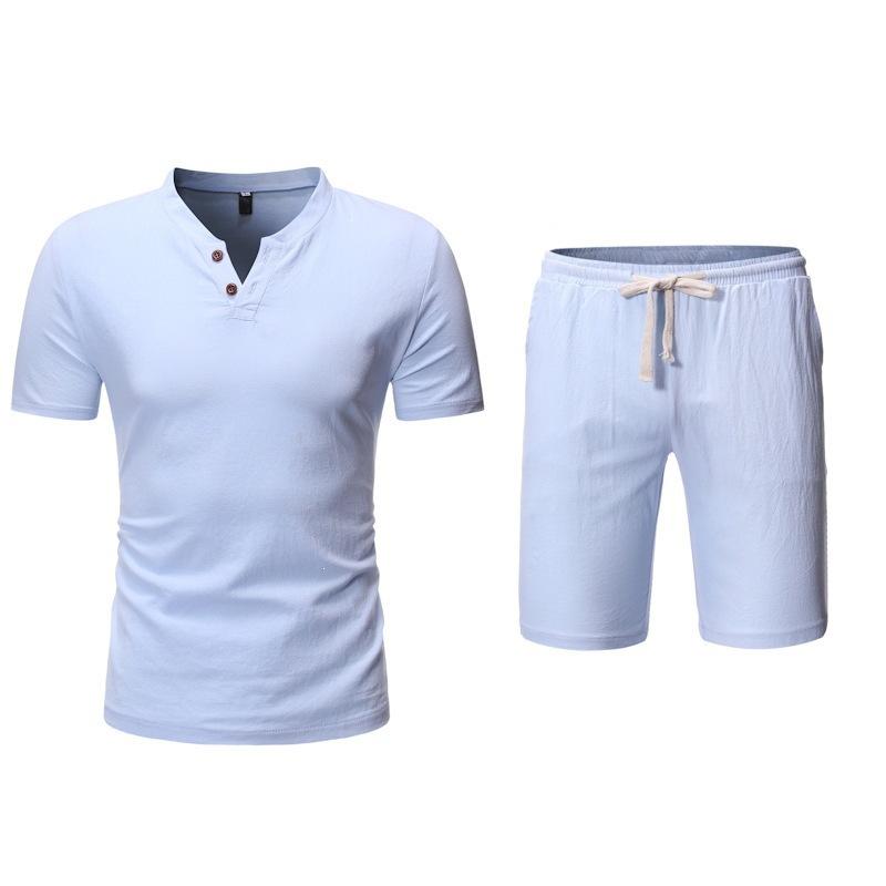 Mens Solid Color Linen Short Sleeve Shorts Casual Two Piece Set