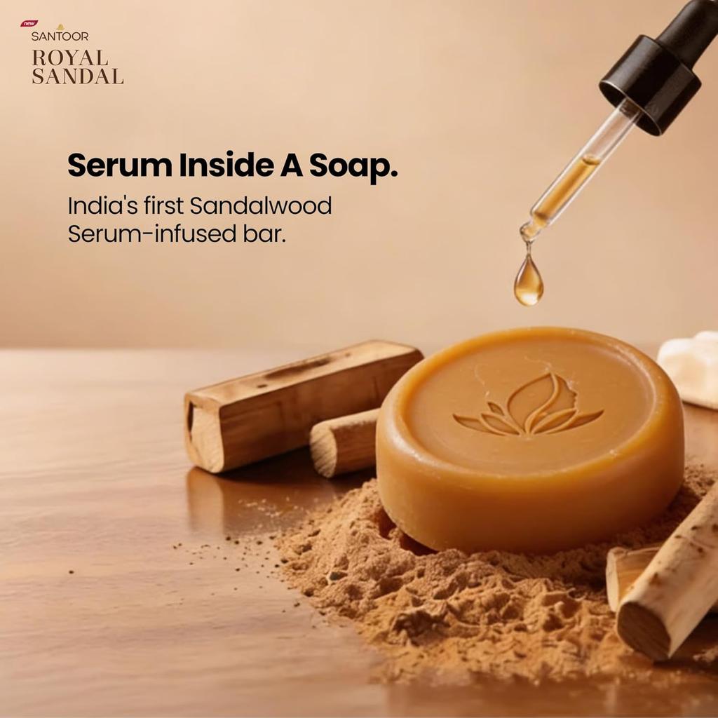 Santoor Royal Sandal Detan Soap Pack of 1 3N X 150g Natural Sandalwood Oil Skin Brightening Complexion Glowing Soap