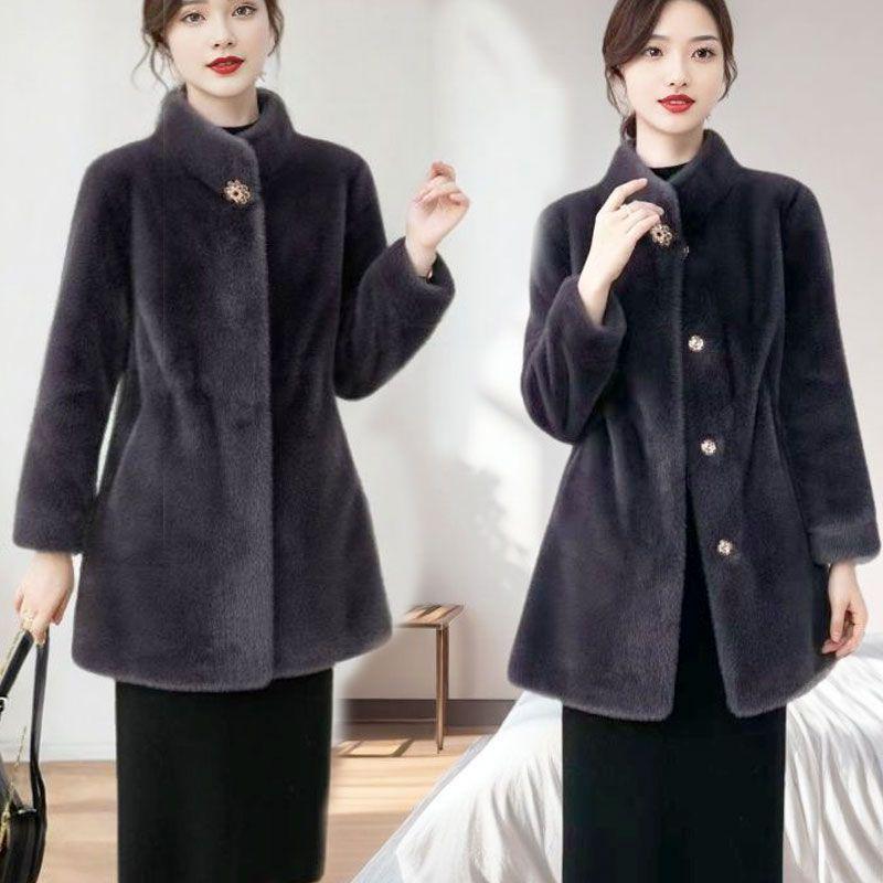 Women's Golden Sable Velvet Fur Coat, Stand Collar, Mid-Length, Winter 2025 Style, Fur-Lined for Middle-Aged and Elderly.