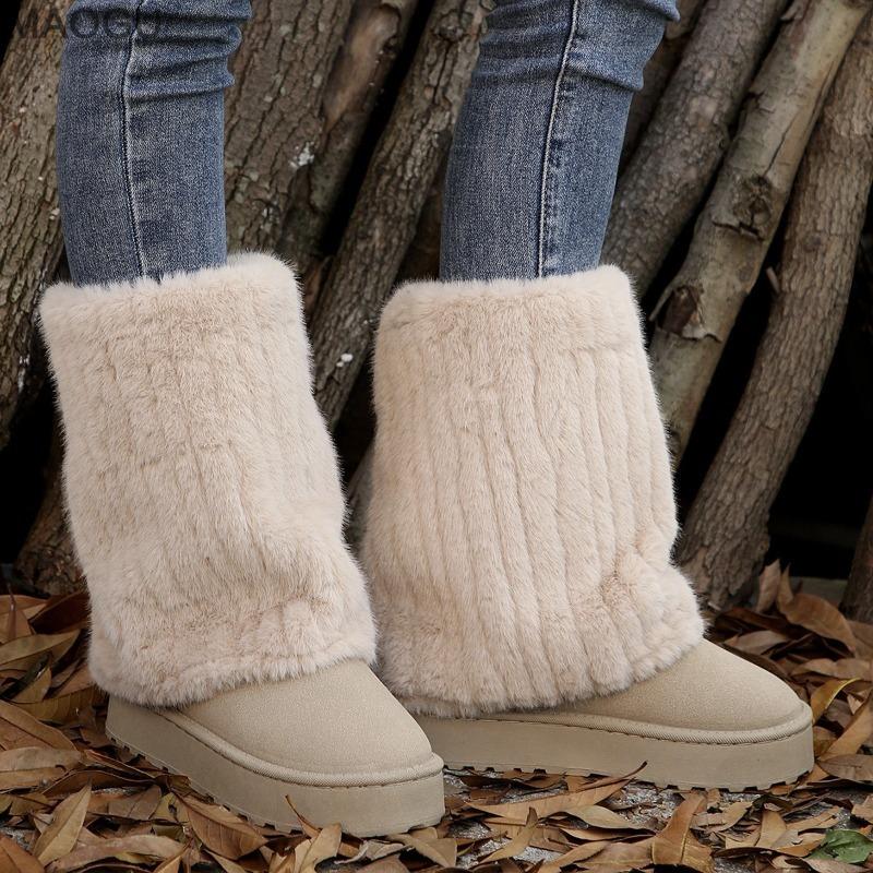 Snow Boots Women Winter Platform Thick Sole Plush Mid-Claf Boots Plush Lined Warm Cotton Shoes Comfortable Botas Mujer Size36-44