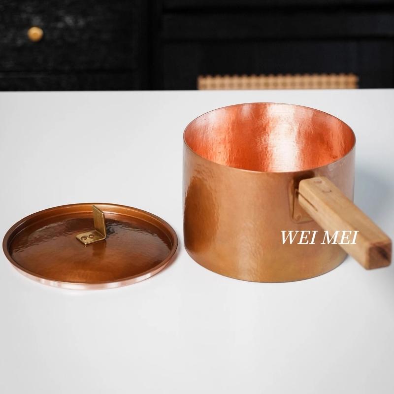 Hand-Forged Purple Copper Milk Stew Pot With Walnut Handle, Pure Copper Soup Noodle Pot, Vintage Home Cooking Outdoor Cookware
