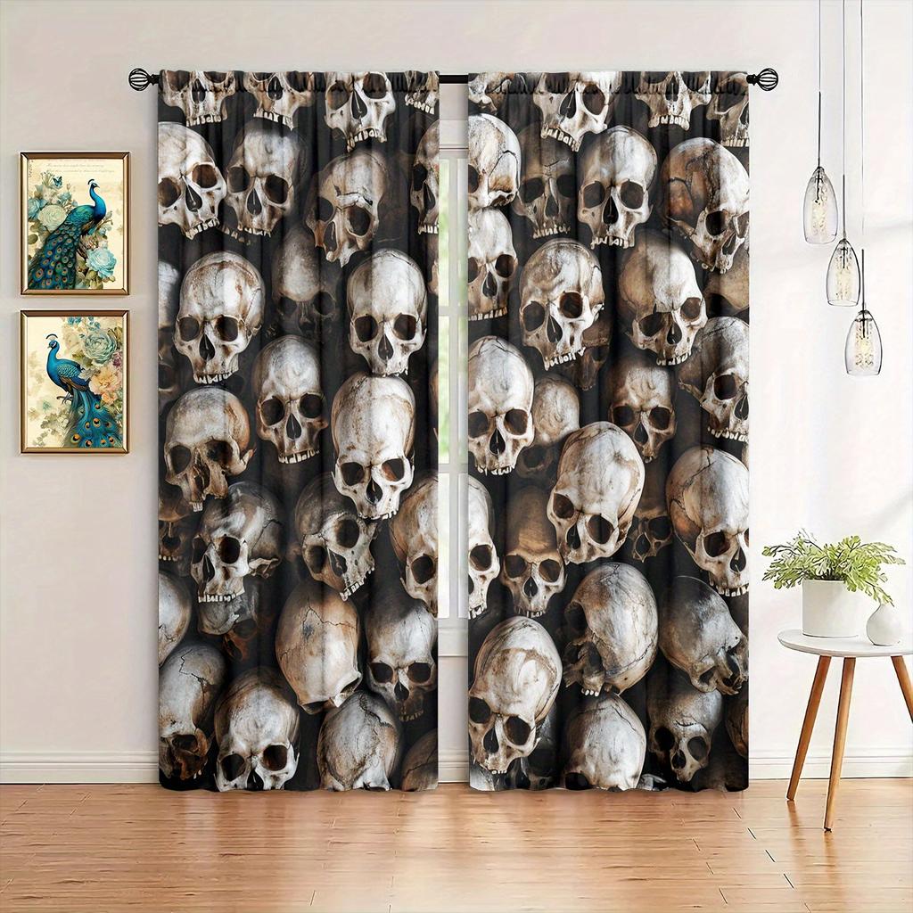 2pcs Art Skull Printed Curtain for Home Decor - Rod Pocket Window Treatment for Bedroom, Office, Kitchen, Living Room, and Study