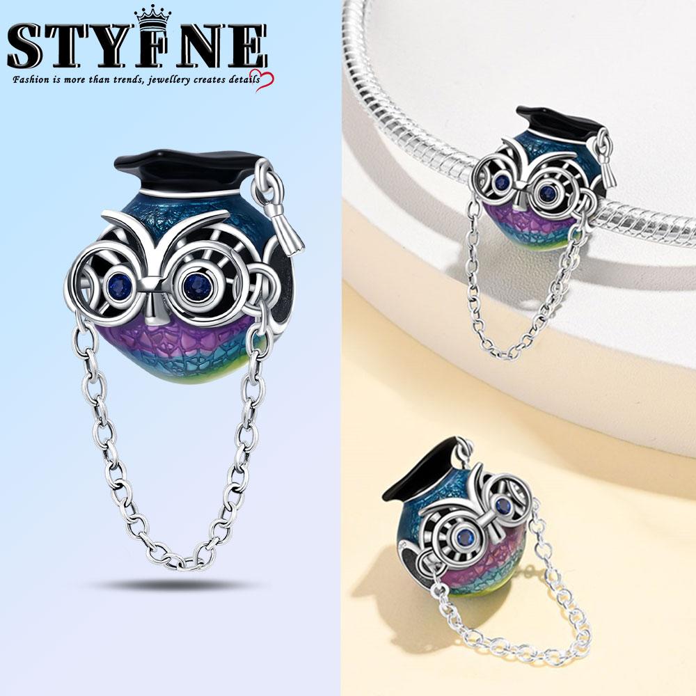 Copper Fashion Purple Owl Charms Beads Owl Safety Chain Fit Original Bracelets Diy Graduation Jewelry Gifts