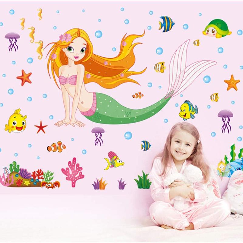 Kreslená mořská panna princezna Odnímatelné samolepky na zeď pro dětský pokojíček, dívčí ložnici, dekorace