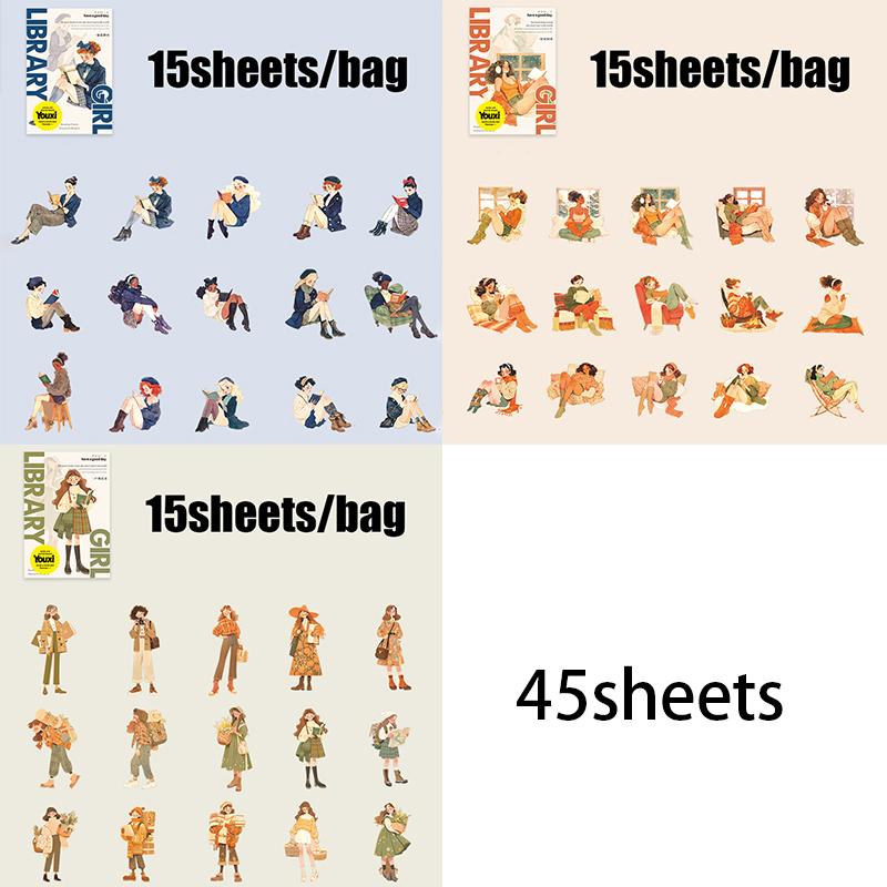 

45sheets/3bags Library Girl Series Reading Theme Character Stickers Creative Handbook Materials DIY Scrapbook Diary Album