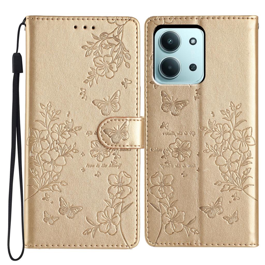 För Xiaomi Redmi 15C 5G (EU) (173 mm)/15C 4G (EU) (173 mm) Plånboksfodral för telefon med fjärils- och blomsterimpregnering, läderflipfodral med rem