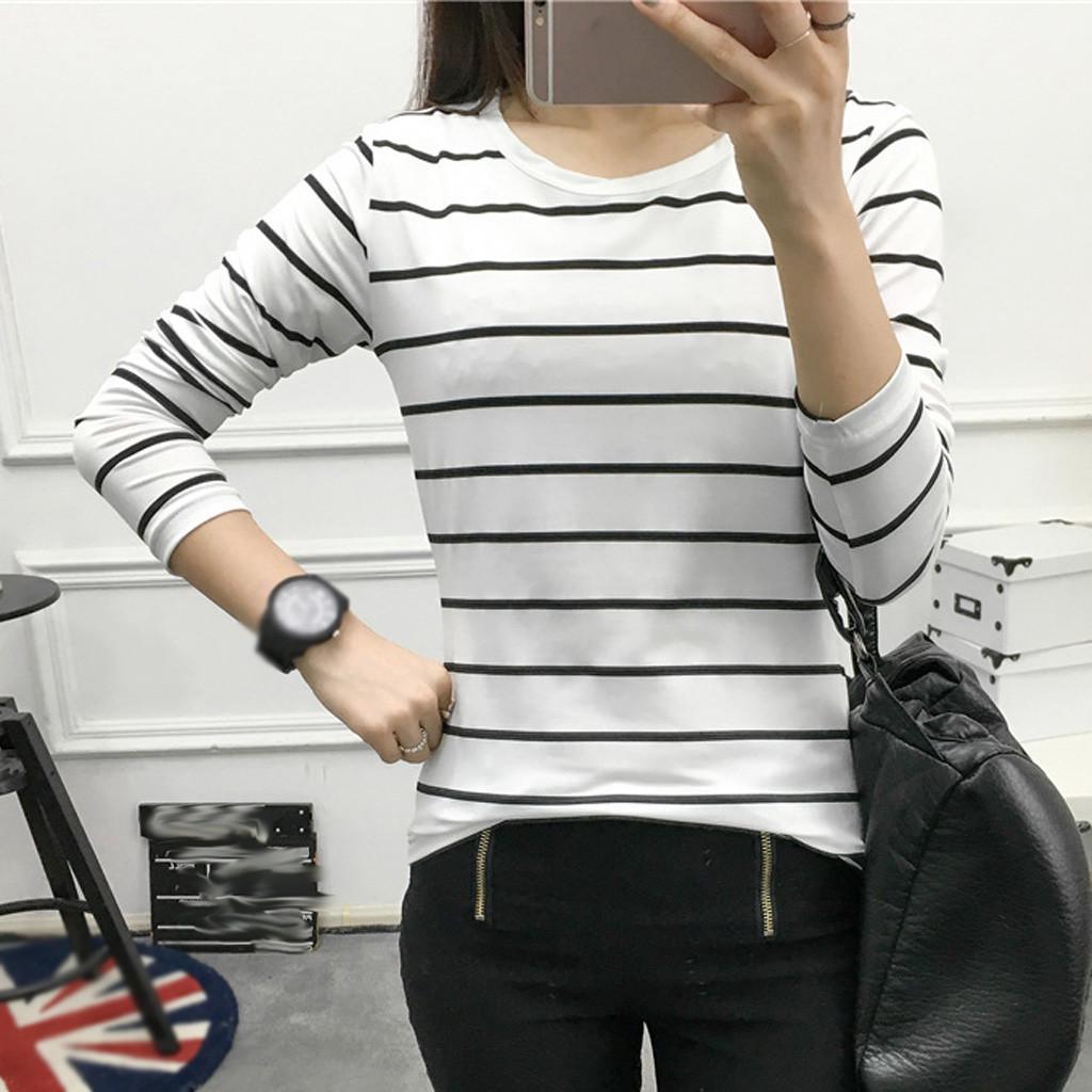Women Korean Version Loose Stripe Long Sleeve  Bottoming Shirt Casual Tops