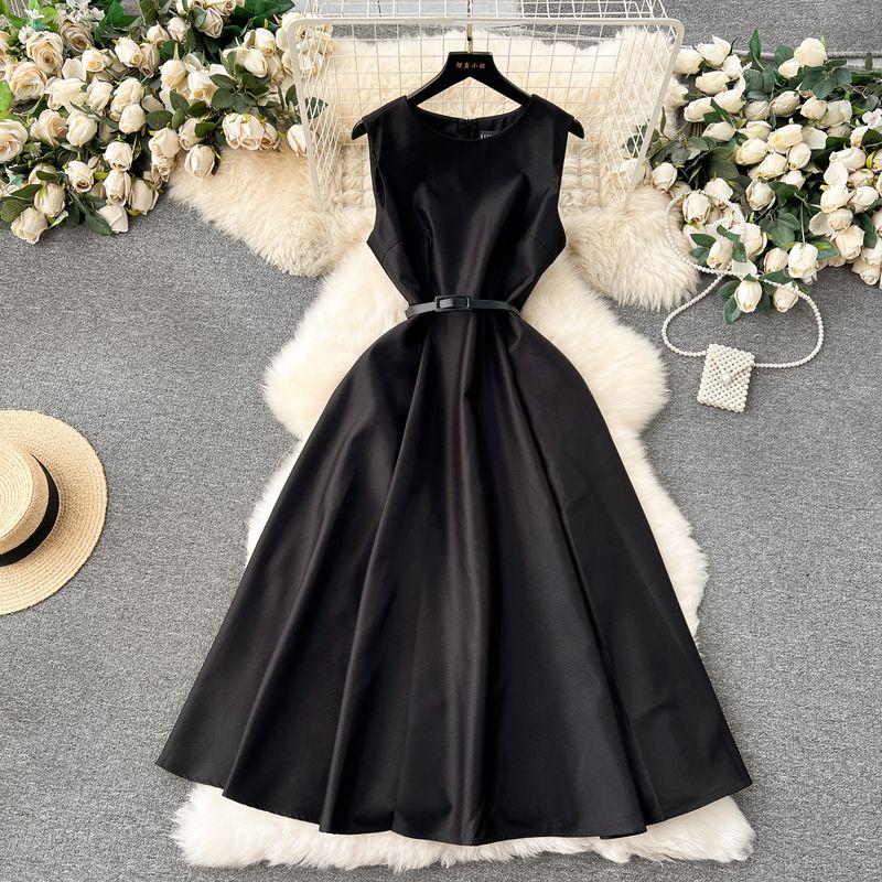 

Pure Color Mid Length Long Length Silm Large Swing Dress Sleeveless Dress Black XL