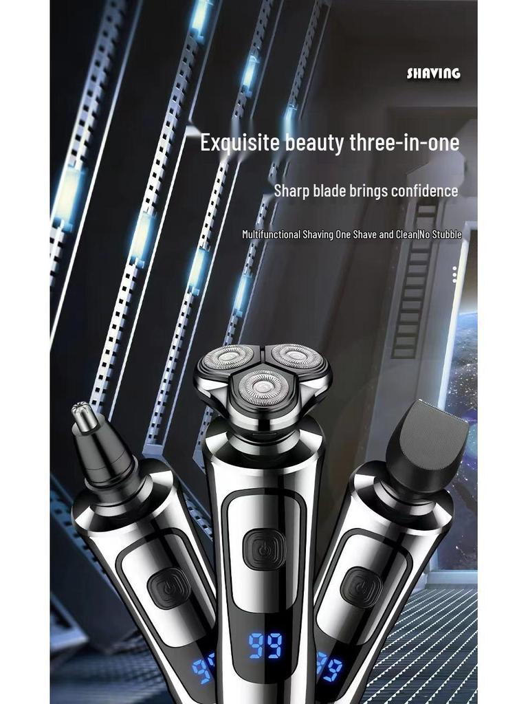 Men's 6000 Digital Display USB Rechargeable Multi-Function Electric Shaver - Waterproof, 3-Head Design