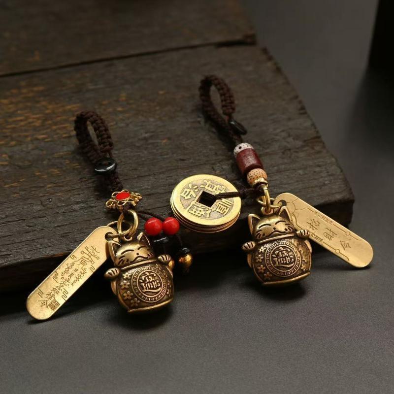 Yiluo Cd Vintage Lucky Cat Car Keychain Five Emperors Money Calabash Feng Shui Coins Red String Key Ring
