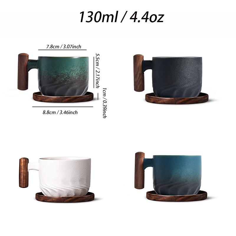130ml Ceramic Coffee Mug With Wooden Handle Heat-resistant Kungfu Teacup With Coaster Kungfulatte Cappuccino Espresso Cup