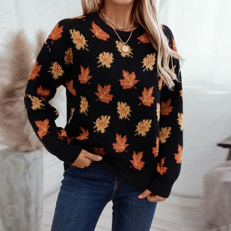 Lockerer Strickpullover Vintage Print Langarm Rundhalsausschnitt für Herbst Winter Pullover