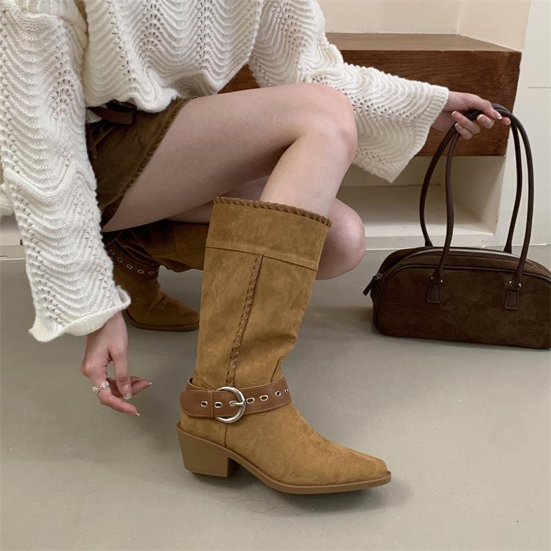 Retro two-wear knight boots 2025 autumn and winter new pointed braided belt buckle thick heel flanged boots women