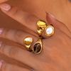 Stainless Steel Tiger Eye Ring Ins Imitation Pearl Geometric Open Ring Light Luxury Banquet Gown Hand Jewelry Gifts for Women