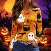 Women's Fashion Long Sleeve Neck Top with Slit Hem Halloween Print for Fall Party Occasion Wear