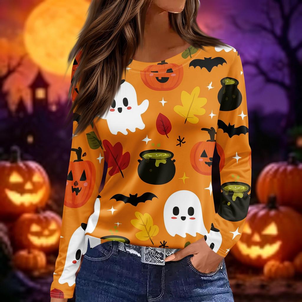 Women's Fashion Long Sleeve Neck Top with Slit Hem Halloween Print for Fall Party Occasion Wear