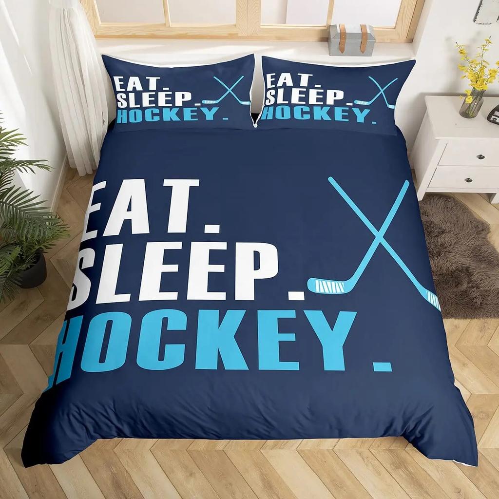 Hockey Duvet Cover Set 2/3pcs Hockey Sports Comforter Cover Polyester Hockey Puck Ball King Queen Size Quilt Cover For Boys