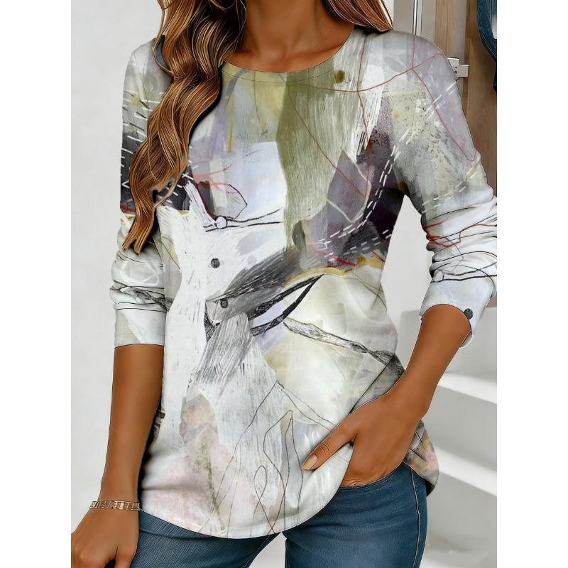 Women's Abstract Watercolor Print Long-sleeved Loose Round Neck Top, Casual Everyday Street Style with Elegant Design.