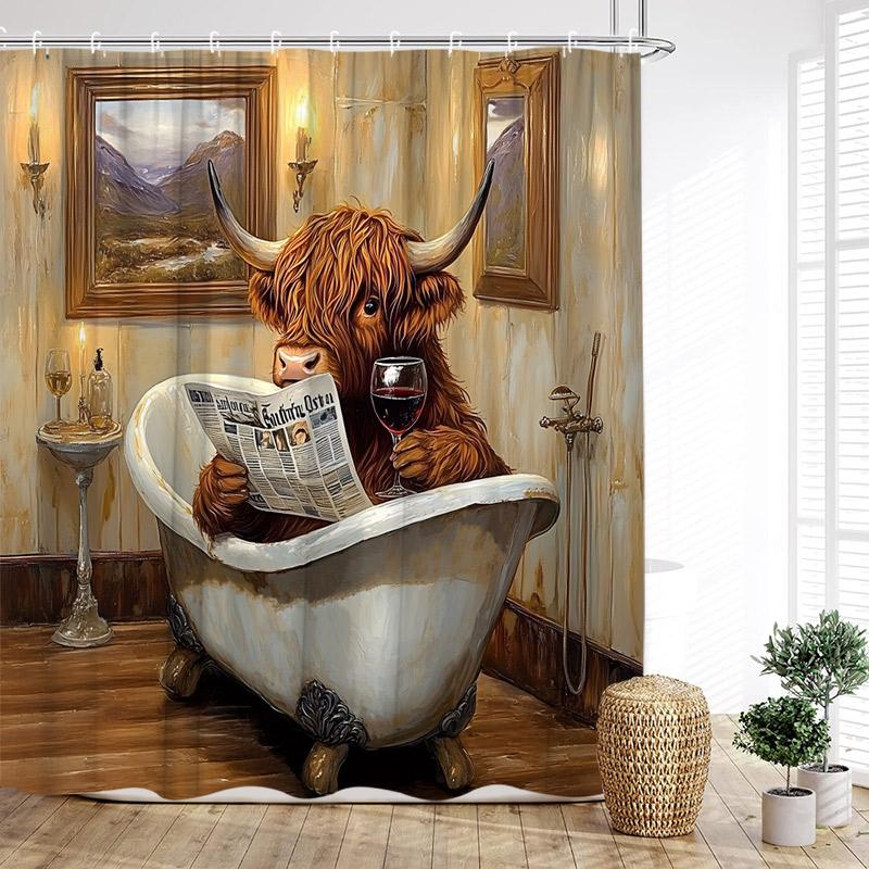 Funny Bathing Highland Cattle Shower Curtains Blue Bathtub Bath Curtain Window Ocean Landscape Bathroom Decoration with Hooks